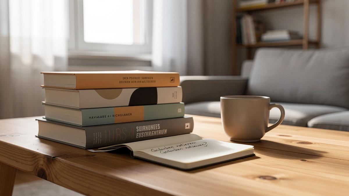 Warmer Lesemoment: Stapel moderner Bücher auf einem Tisch, daneben Notizzettel und eine Tasse